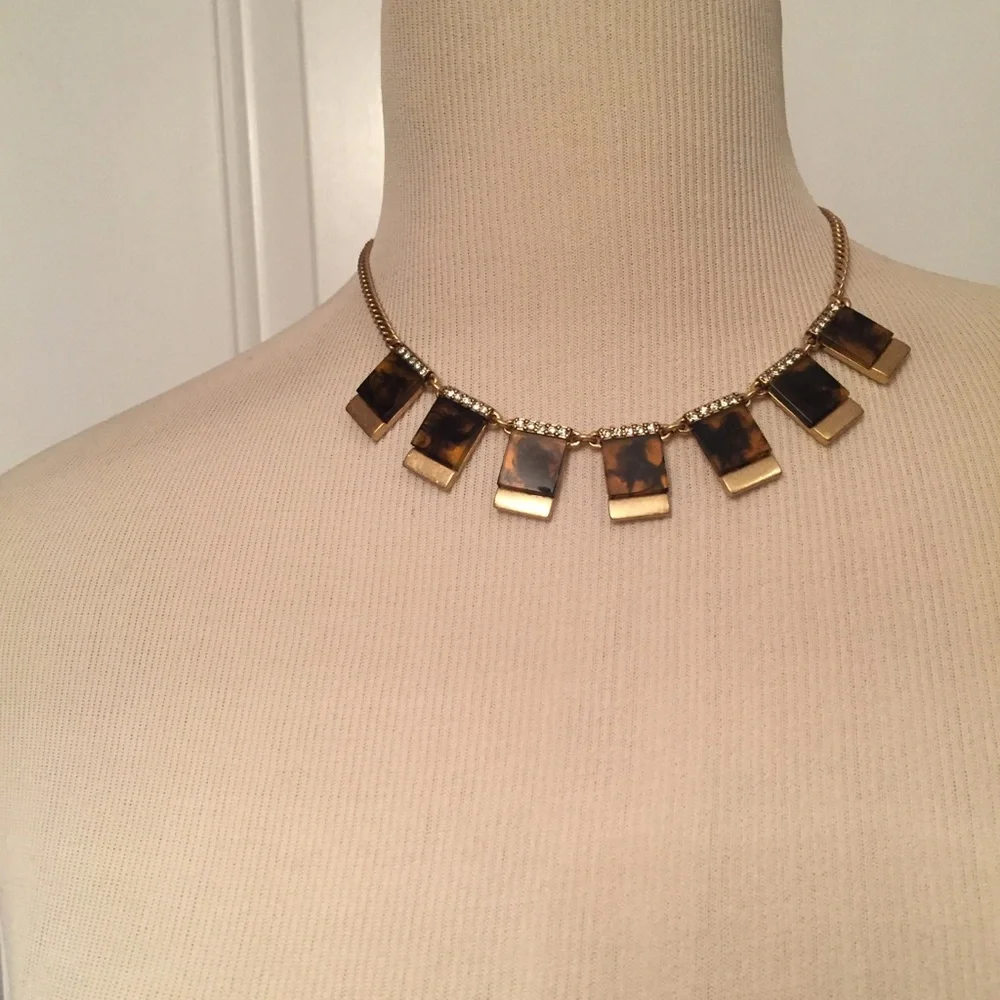 J. CREW NECKLACE CHOKER BROWN LEOPARD RHINESTONE TILES GOLD TONE CHAIN